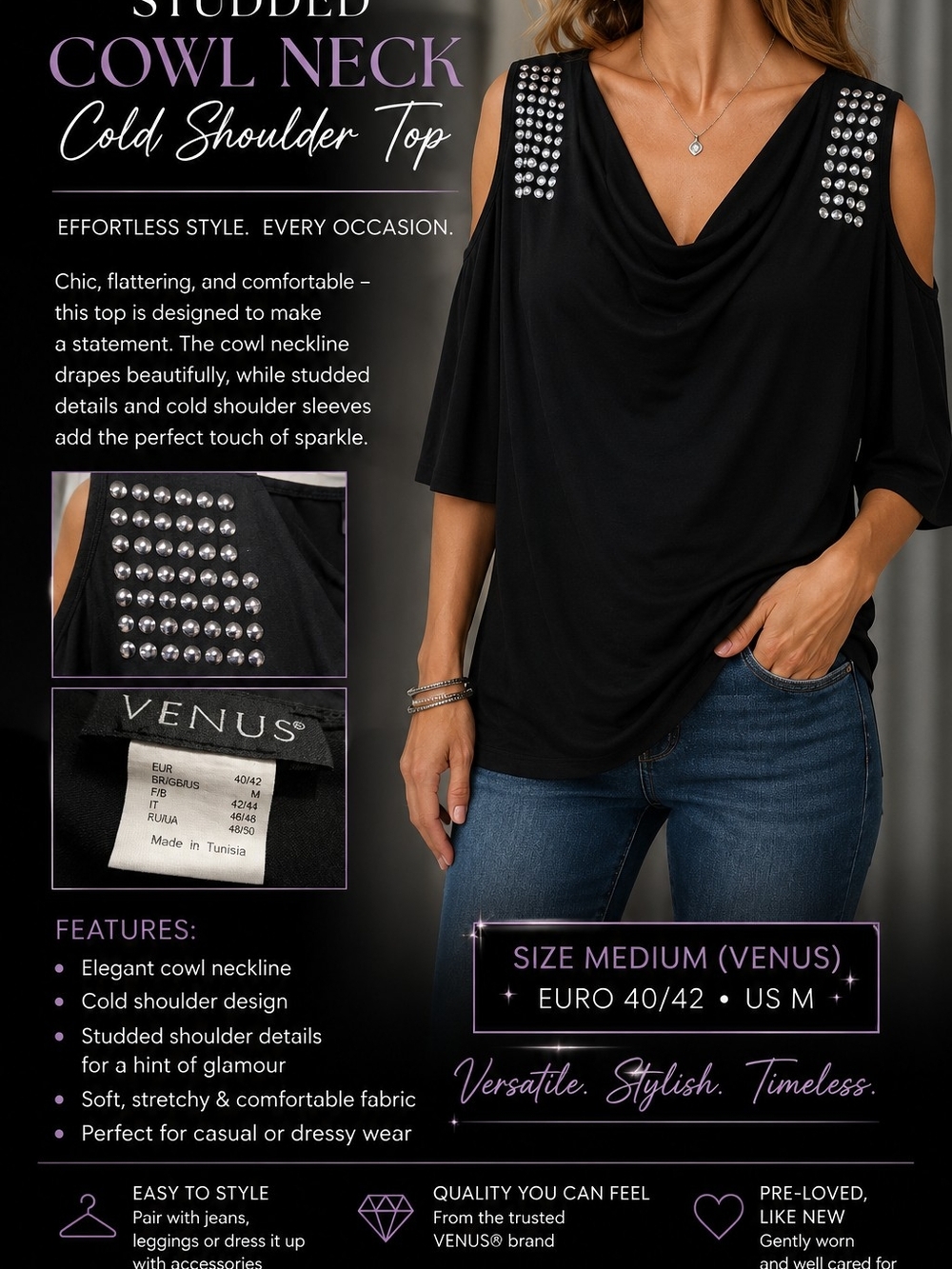 Venus Black Studded Cowl Neck Cold-Shoulder Top